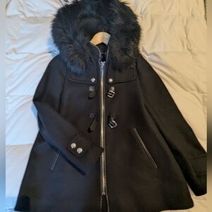 Zara black wool with faux fur hood, size M